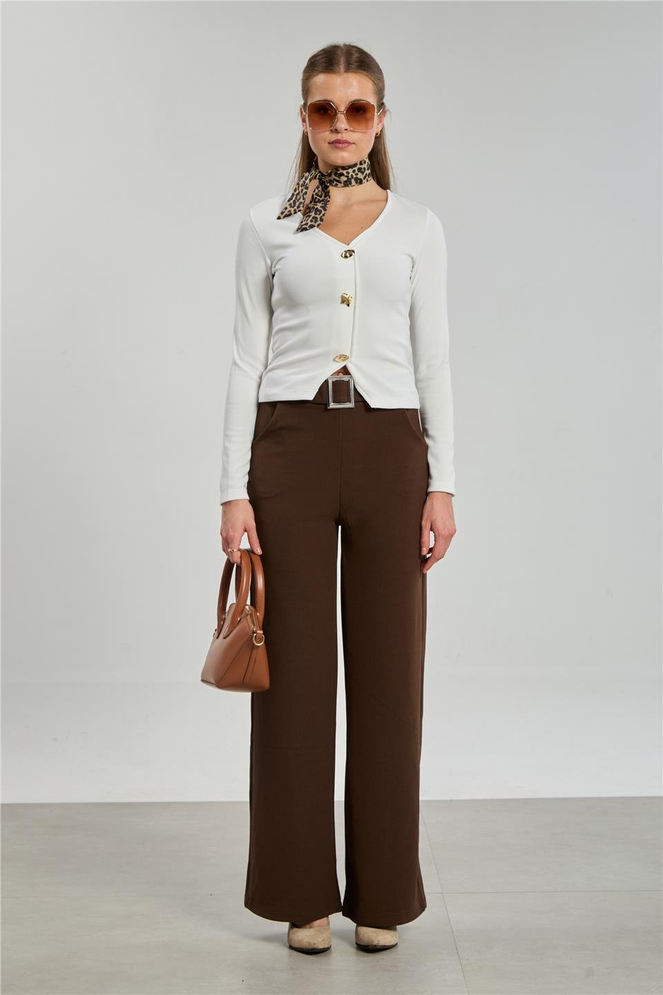 Kadın Kemer Detaylı Bol Pantolon - Kahve