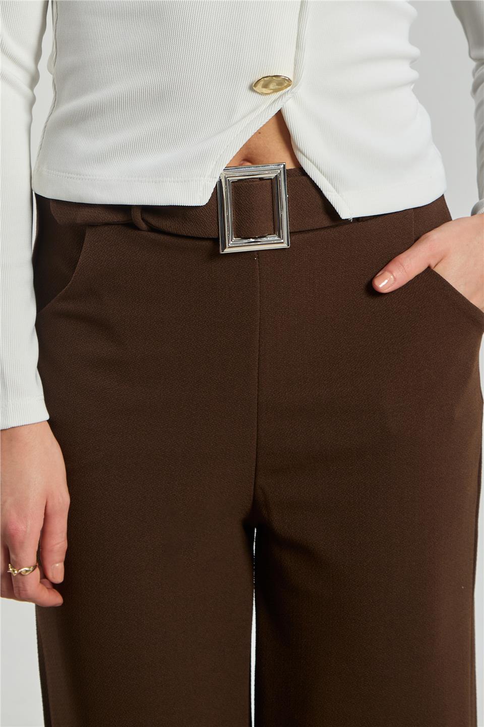 Kadın Kemer Detaylı Bol Pantolon - Kahve