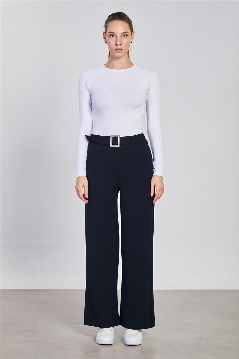 	Kadın Kemer Detaylı Bol Pantolon - Lacivert