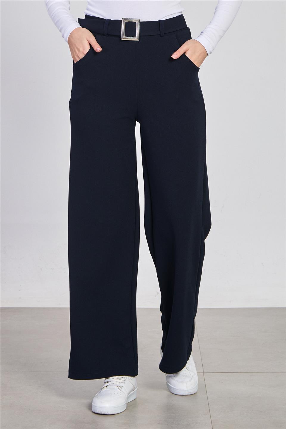 	Kadın Kemer Detaylı Bol Pantolon - Lacivert