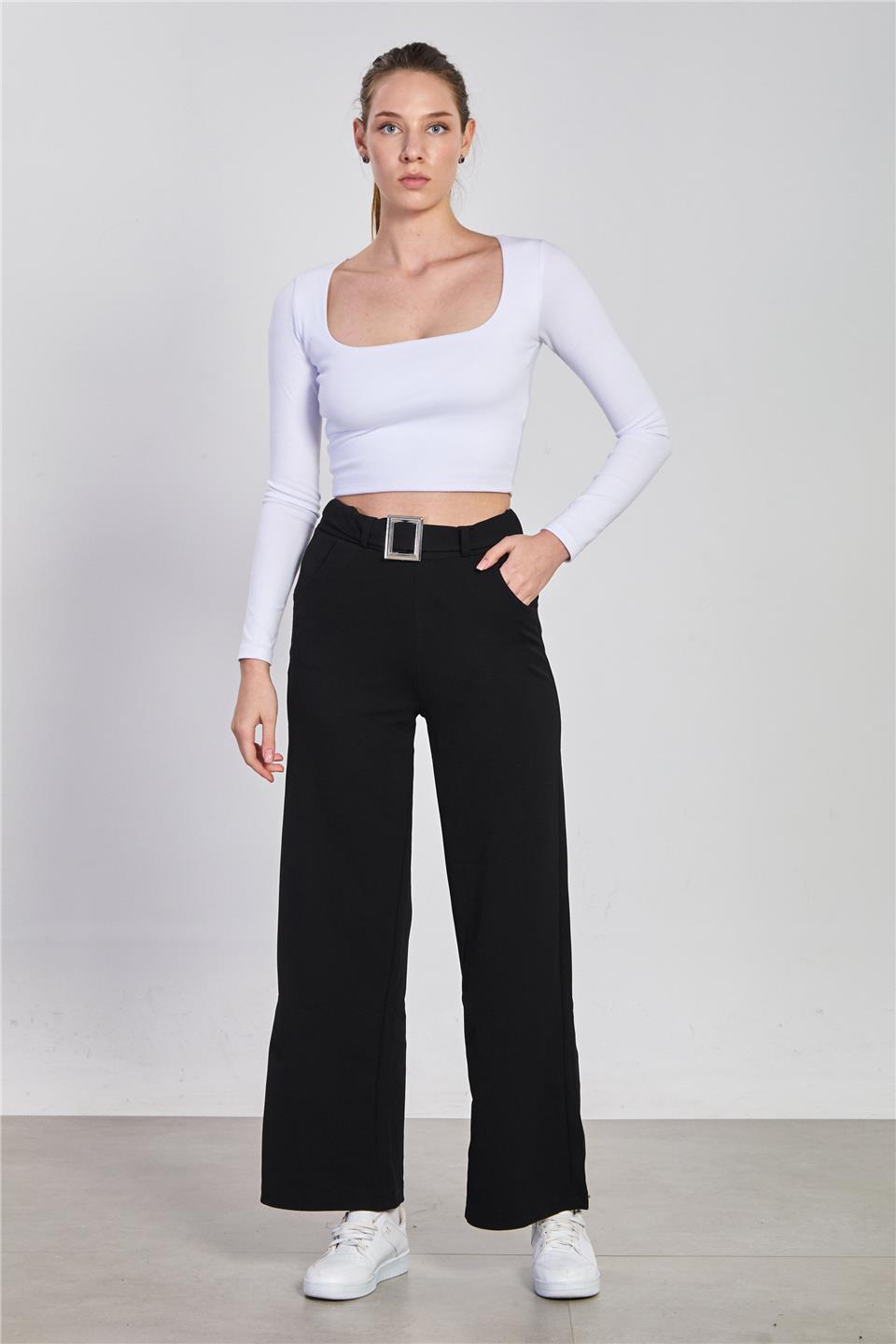 Kadın Kemer Detaylı Bol Pantolon - Kahve