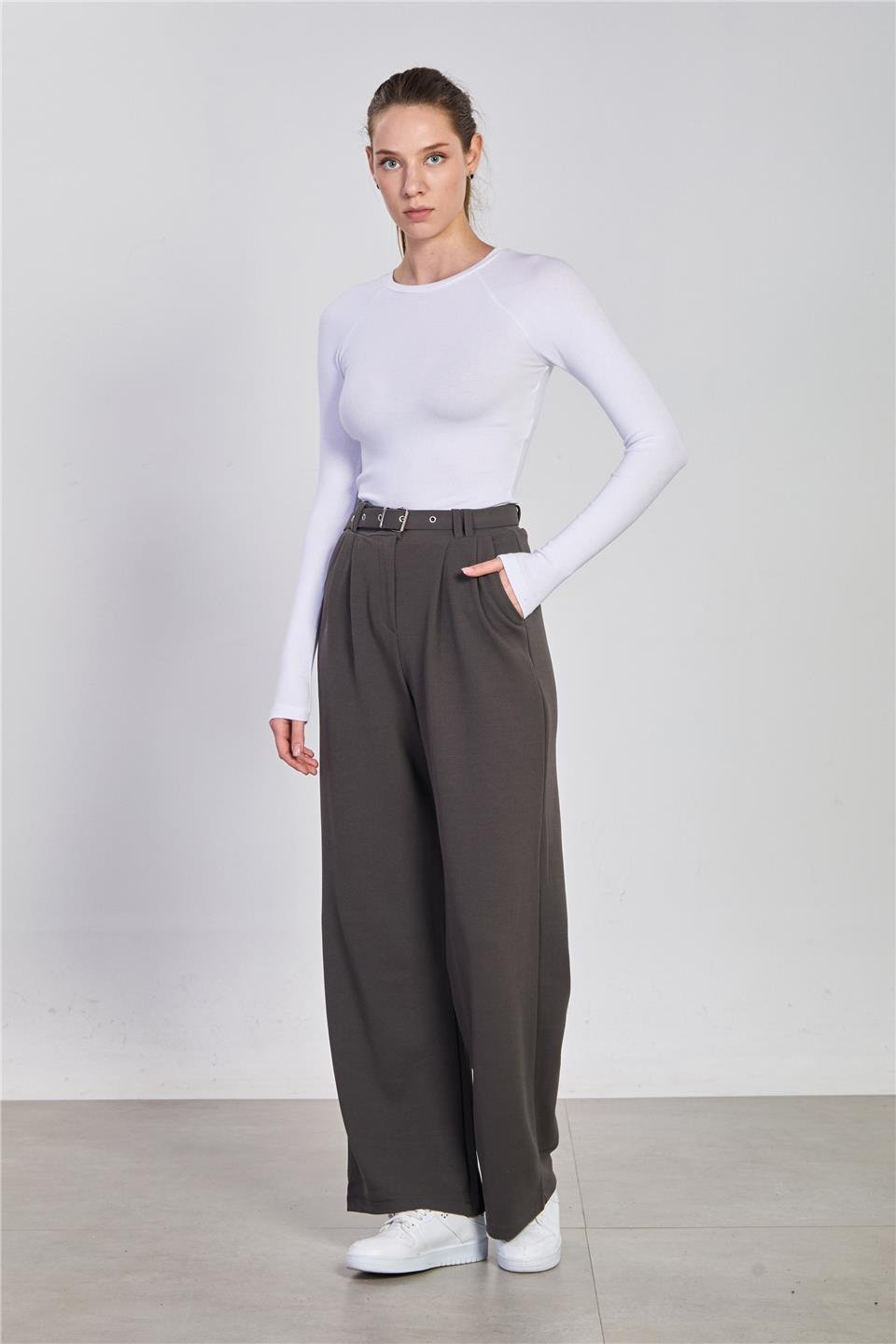 Kadın Kemerli Bol Paça Pantolon - Antrasit