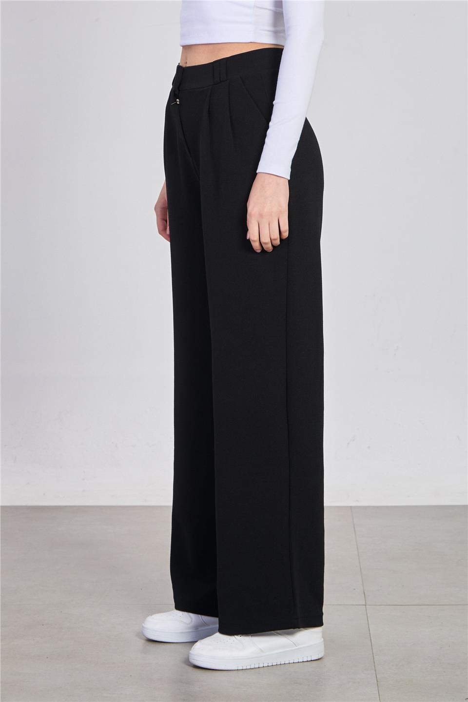 Kadın Kemerli Bol Paça Pantolon - Siyah