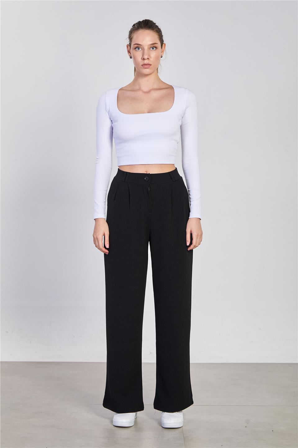 Kadın Kemerli Bol Paça Pantolon - Siyah