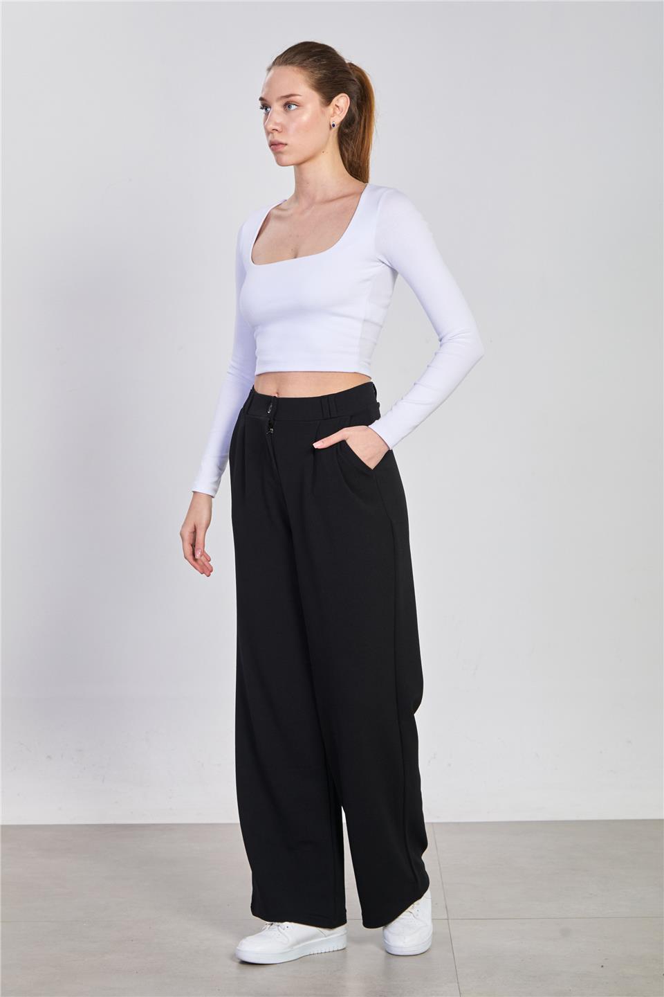 Kadın Kemerli Bol Paça Pantolon - Siyah
