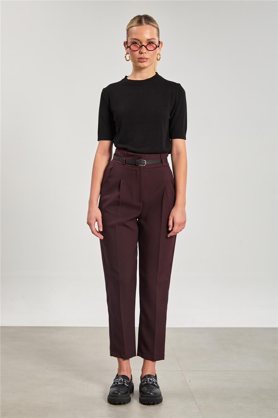 Kadın Kemerli Havuç Kumaş Pantolon - Mürdüm