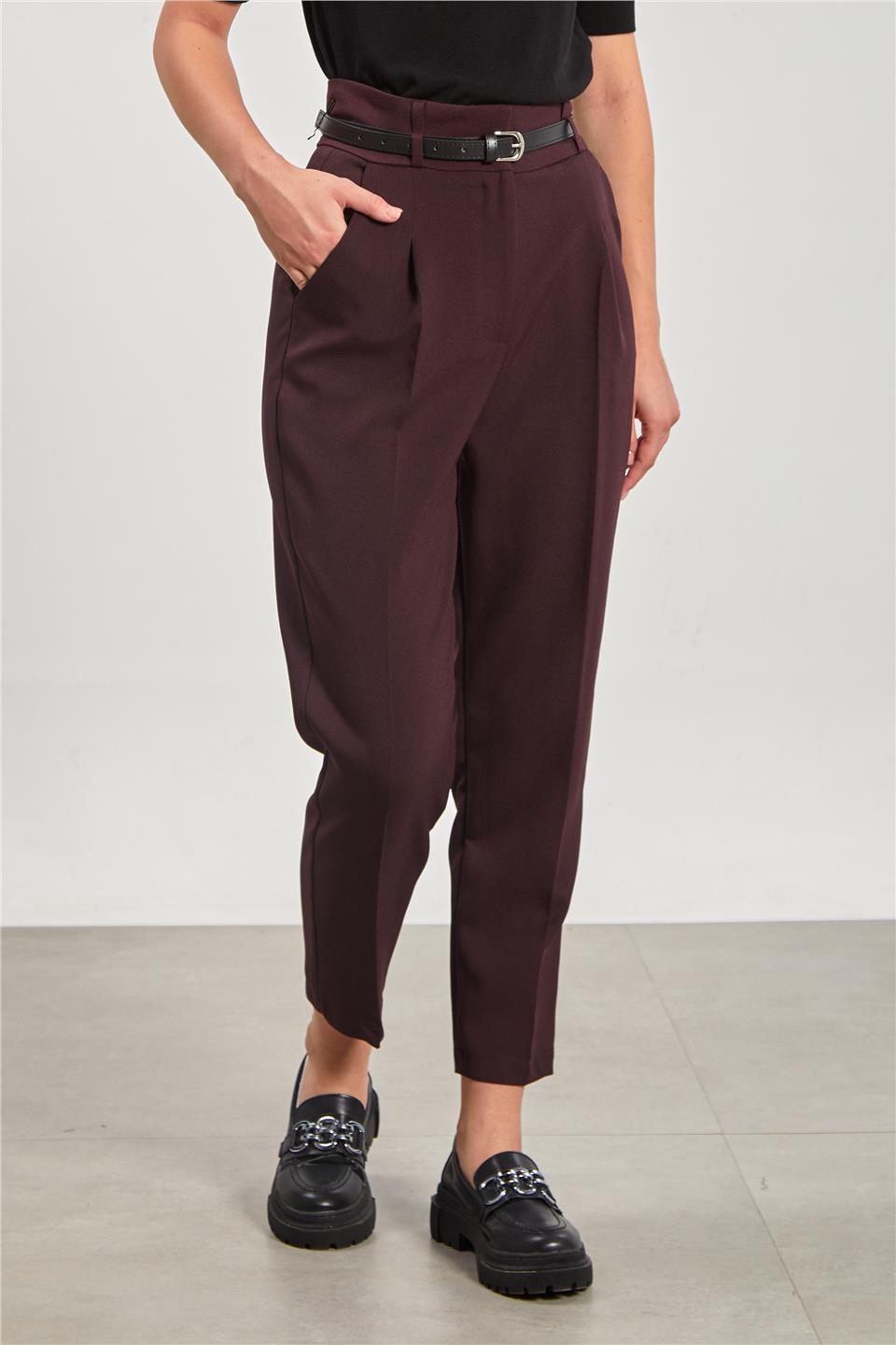 Kadın Kemerli Havuç Kumaş Pantolon - Mürdüm