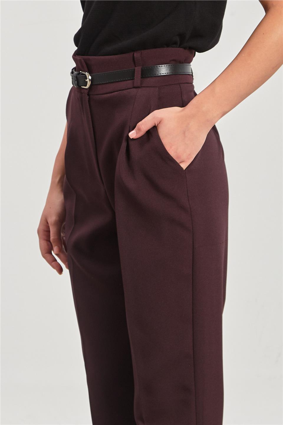 Kadın Kemerli Havuç Kumaş Pantolon - Mürdüm