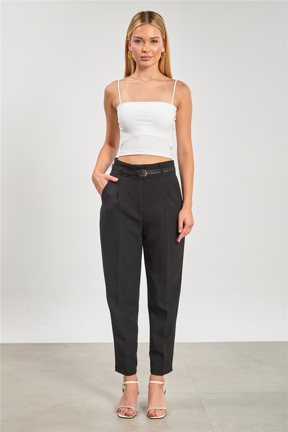 Kadın Kemerli Havuç Kumaş Pantolon - Siyah