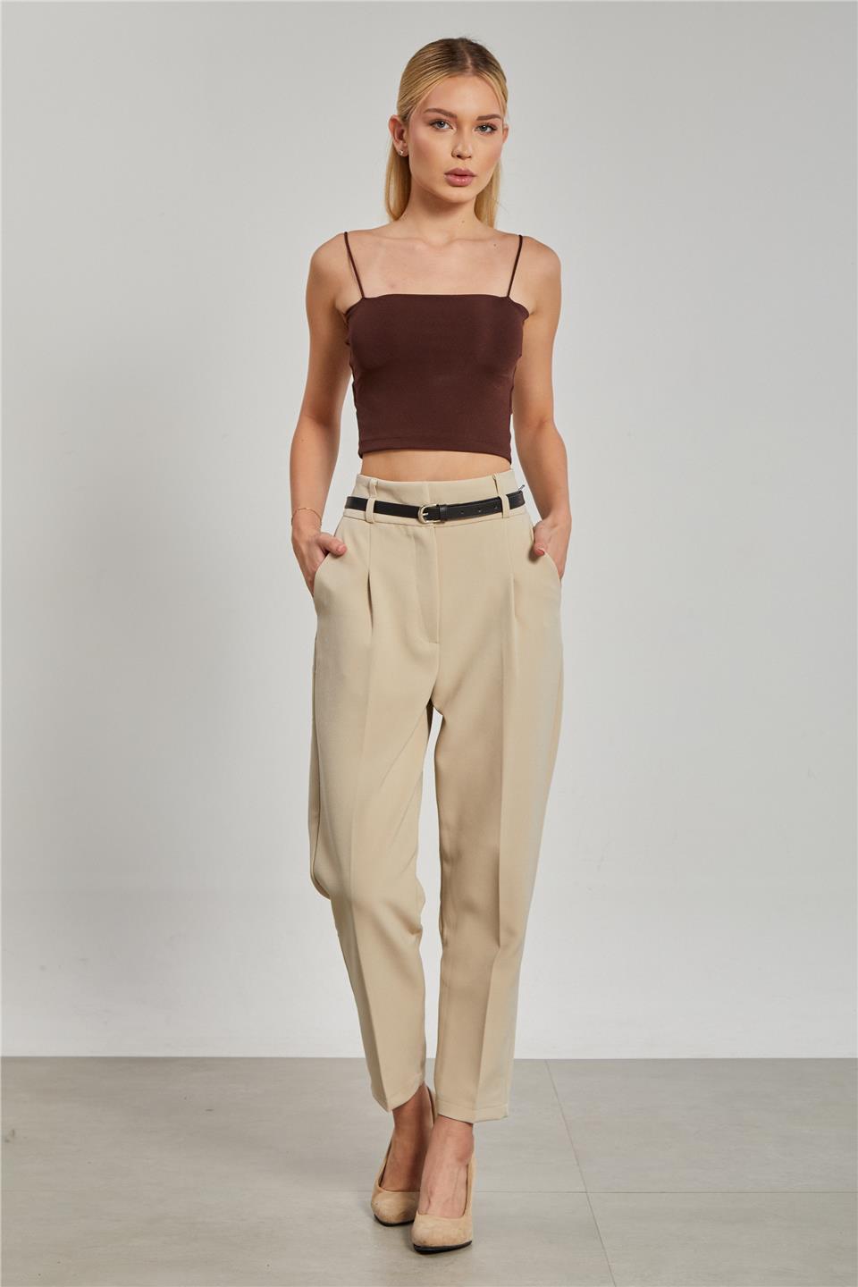 Kadın Kemerli Havuç Kumaş Pantolon - Taş Rengi