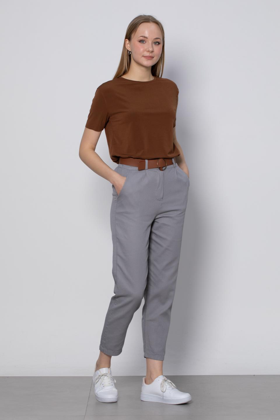 Kemerli Havuç Pantolon - Gri