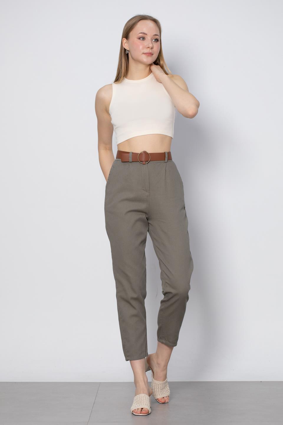 Kemerli Havuç Pantolon - Haki