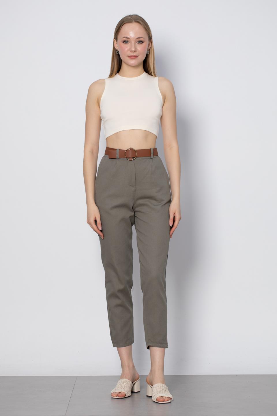 Kemerli Havuç Pantolon - Haki