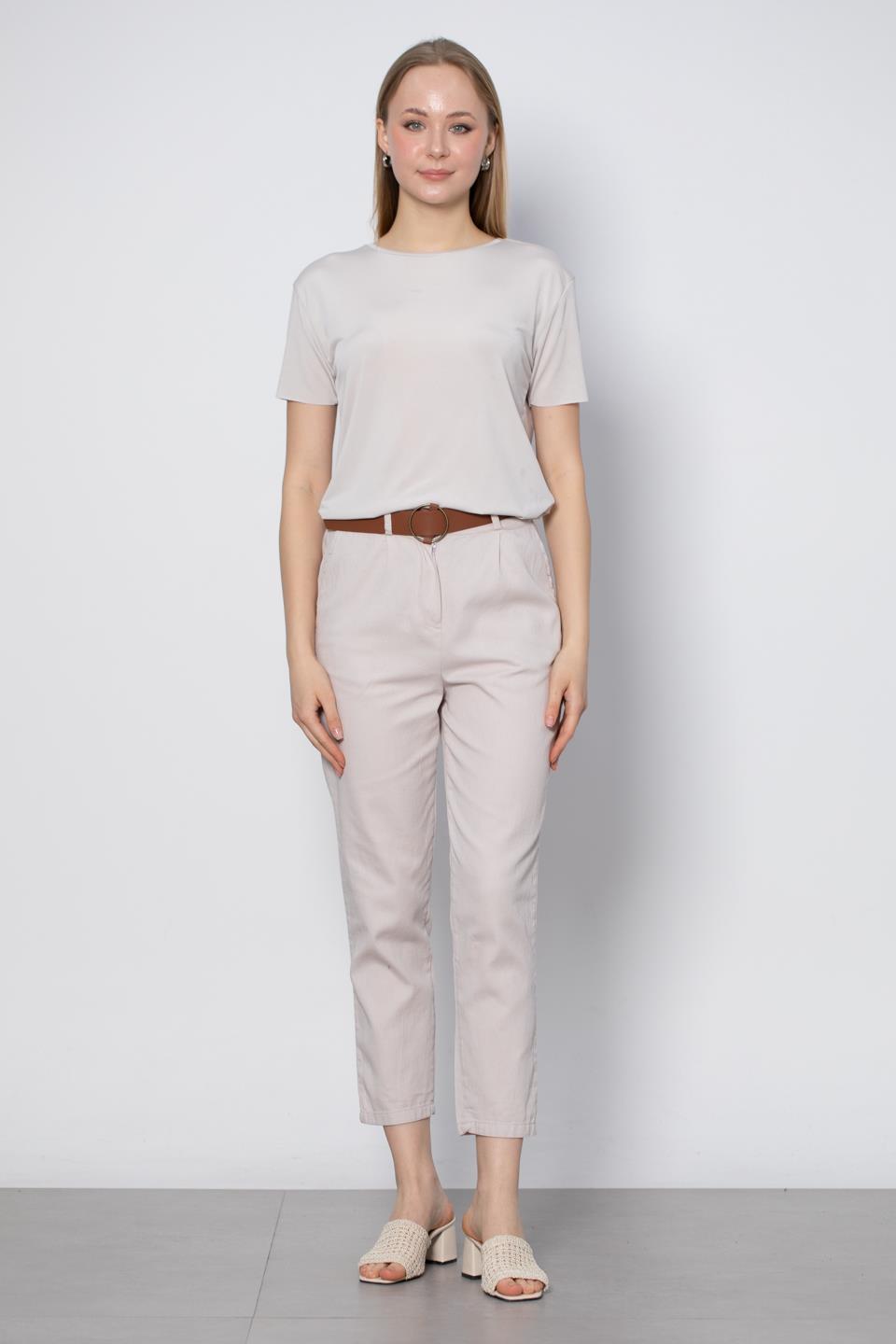 Kemerli Havuç Pantolon - Taş