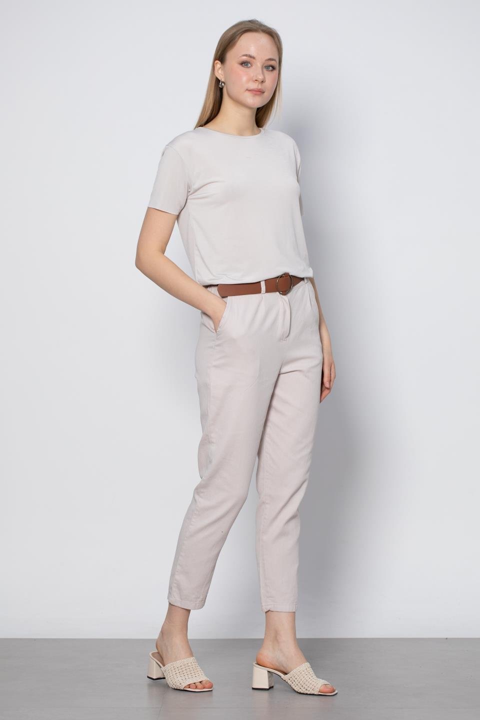 Kemerli Havuç Pantolon - Taş