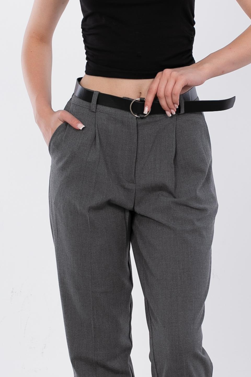 Kemerli Kumaş Pantolon - Koyu Gri