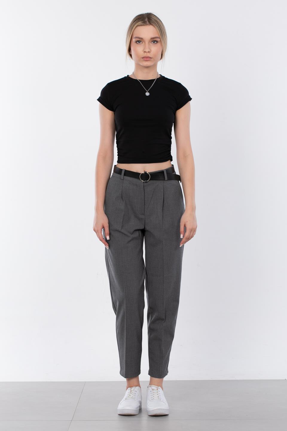Kemerli Kumaş Pantolon - Koyu Gri