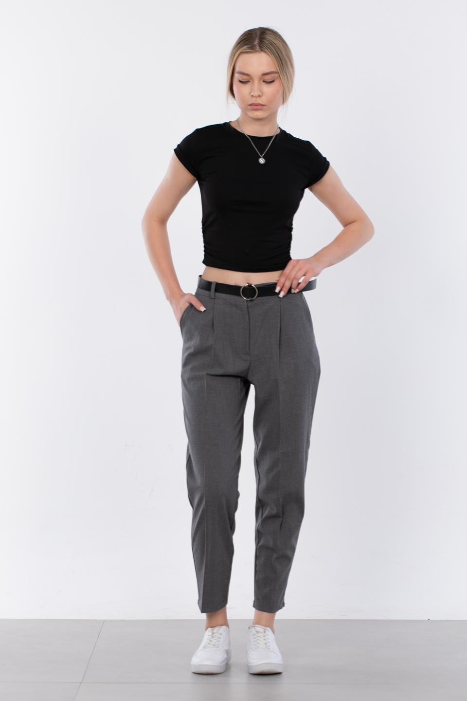 Kemerli Kumaş Pantolon - Koyu Gri