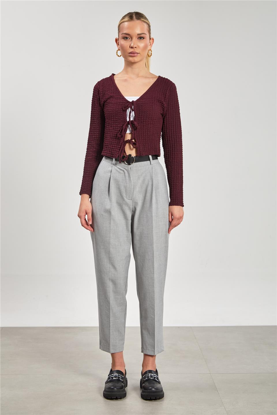 Kadın Kemerli Pantolon - Açık Gri