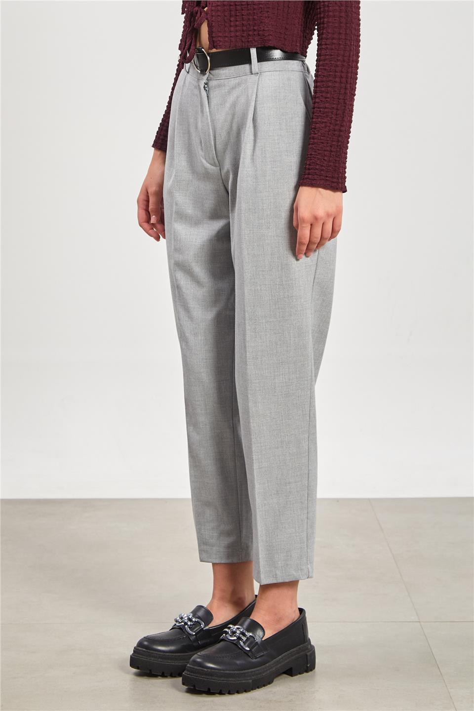 Kadın Kemerli Pantolon - Açık Gri