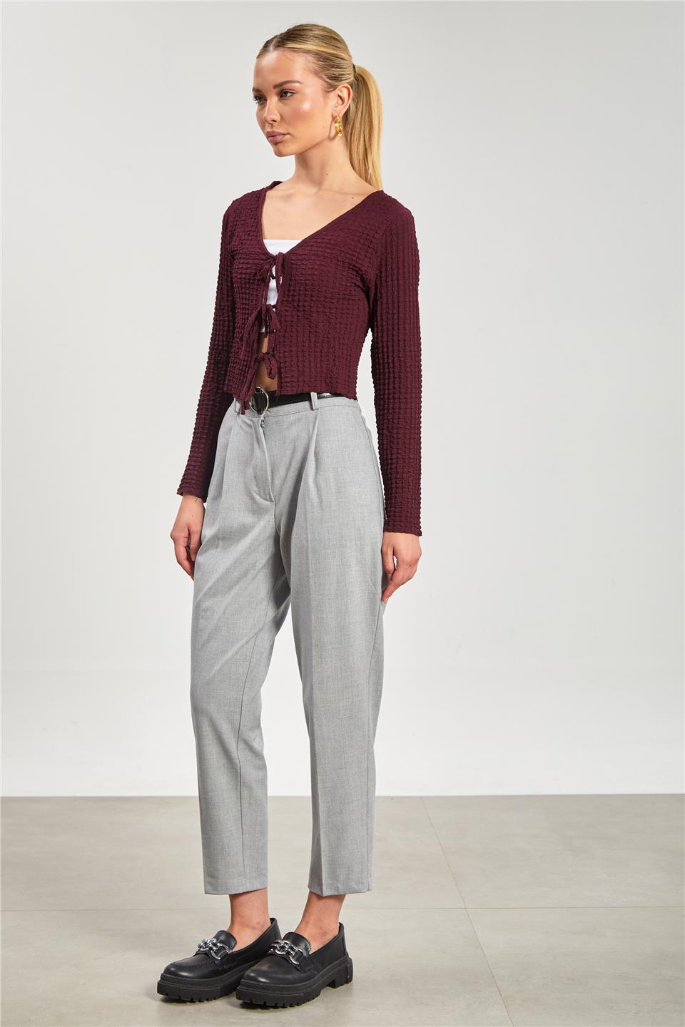 Kadın Kemerli Pantolon - Açık Gri