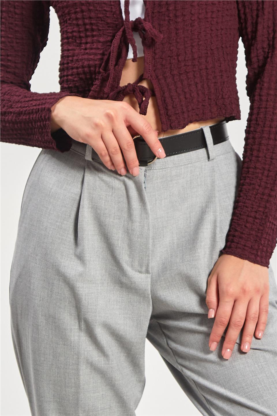 Kadın Kemerli Pantolon - Açık Gri