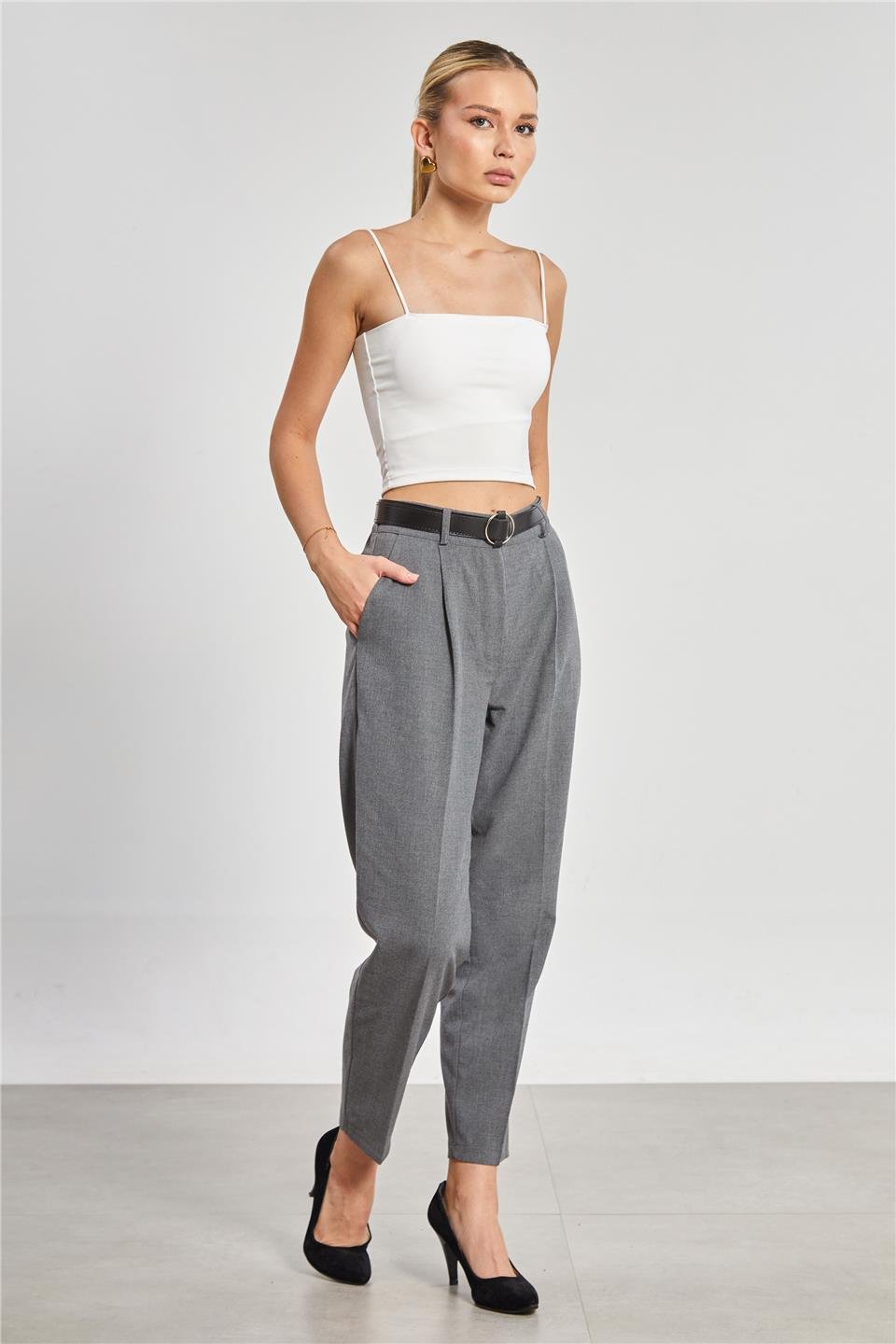 Kadın Kemerli Pantolon - Okul Gri