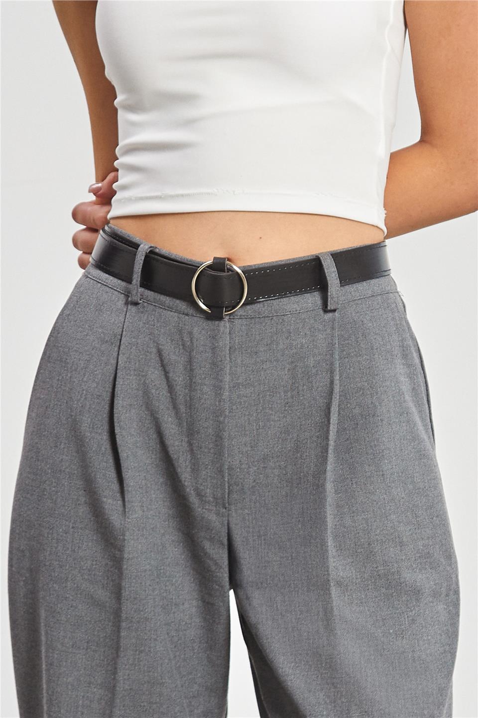 Kadın Kemerli Pantolon - Okul Gri
