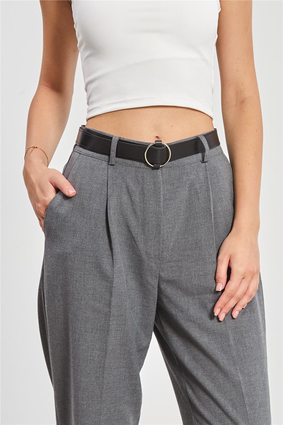 Kadın Kemerli Pantolon - Okul Gri