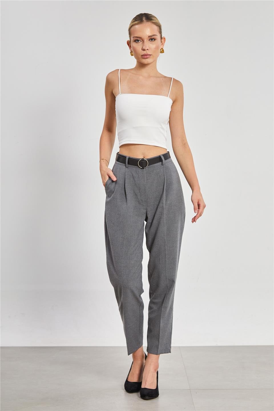 Kadın Kemerli Pantolon - Okul Gri
