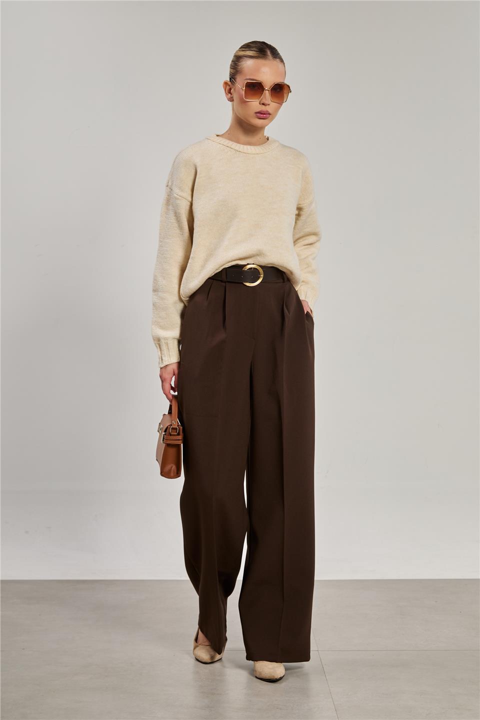 Kadın Kemerli Pileli Palazzo Kumaş Pantolon - Kahve