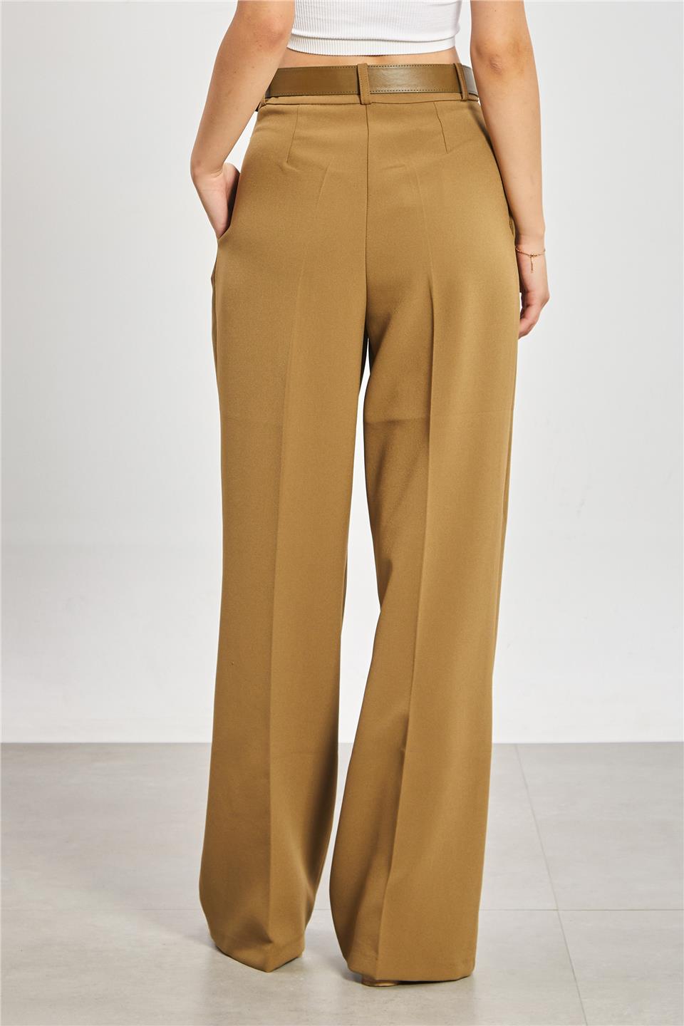 Kemerli Pileli Palazzo Kumaş Kadın Pantolon - Haki