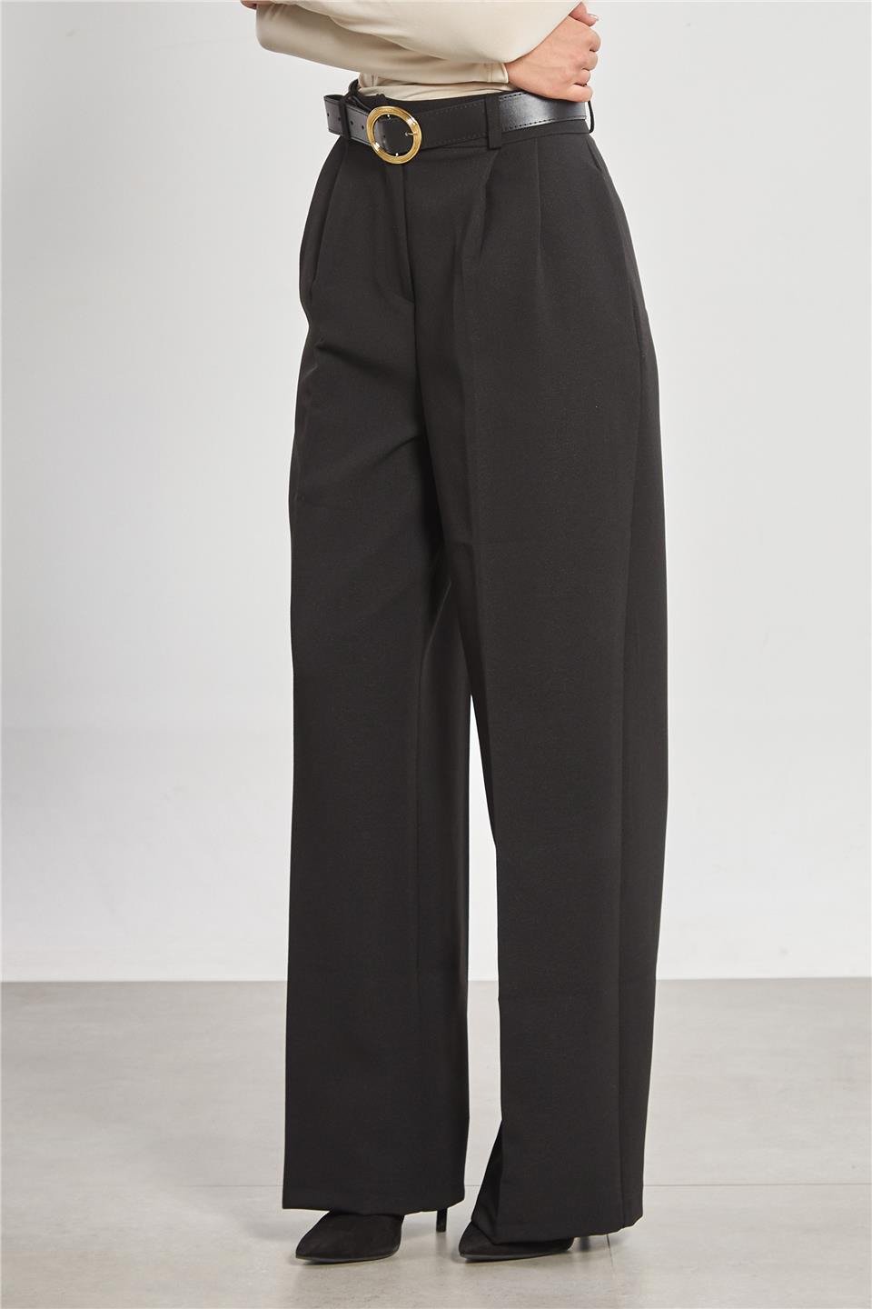 Kemerli Pileli Palazzo Kumaş Kadın Pantolon - Siyah