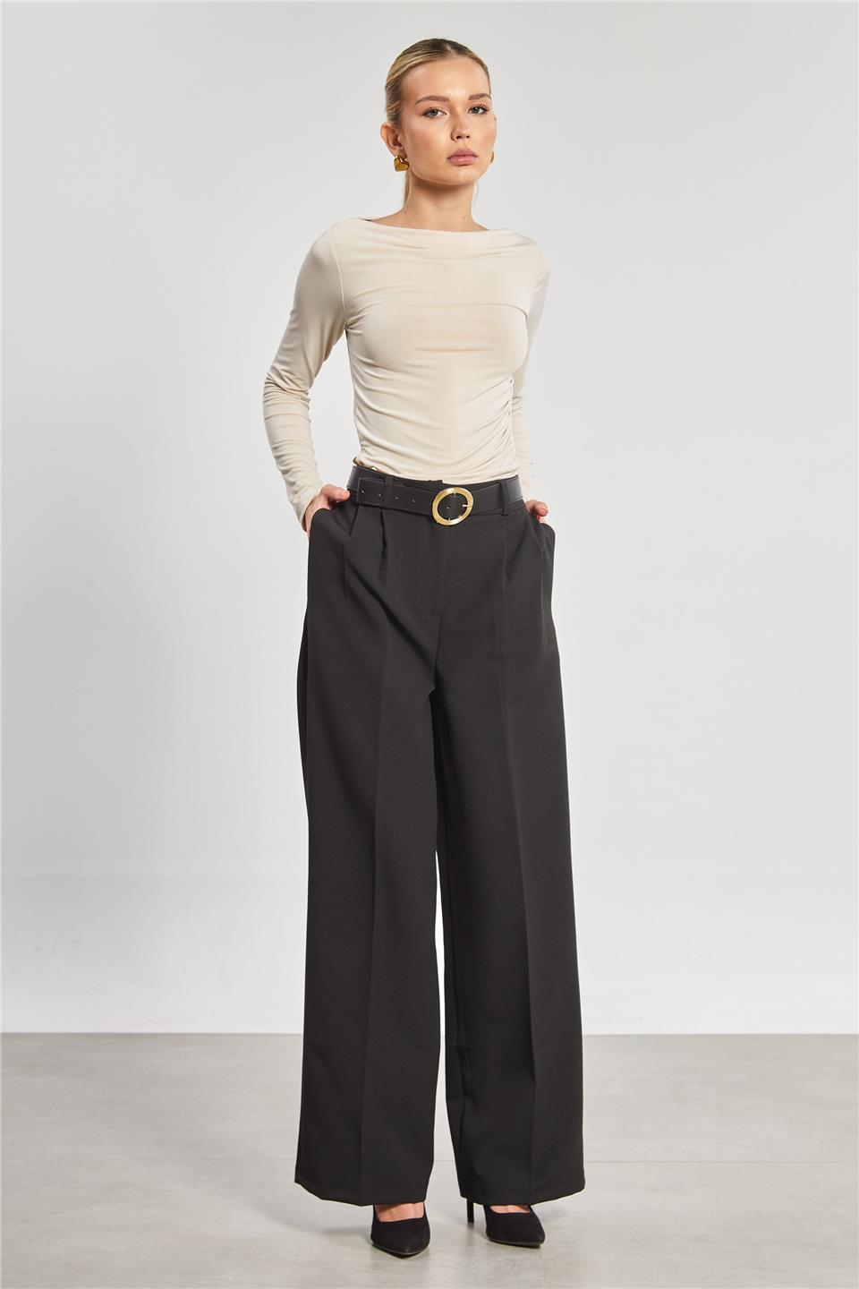 Kemerli Pileli Palazzo Kumaş Kadın Pantolon - Siyah