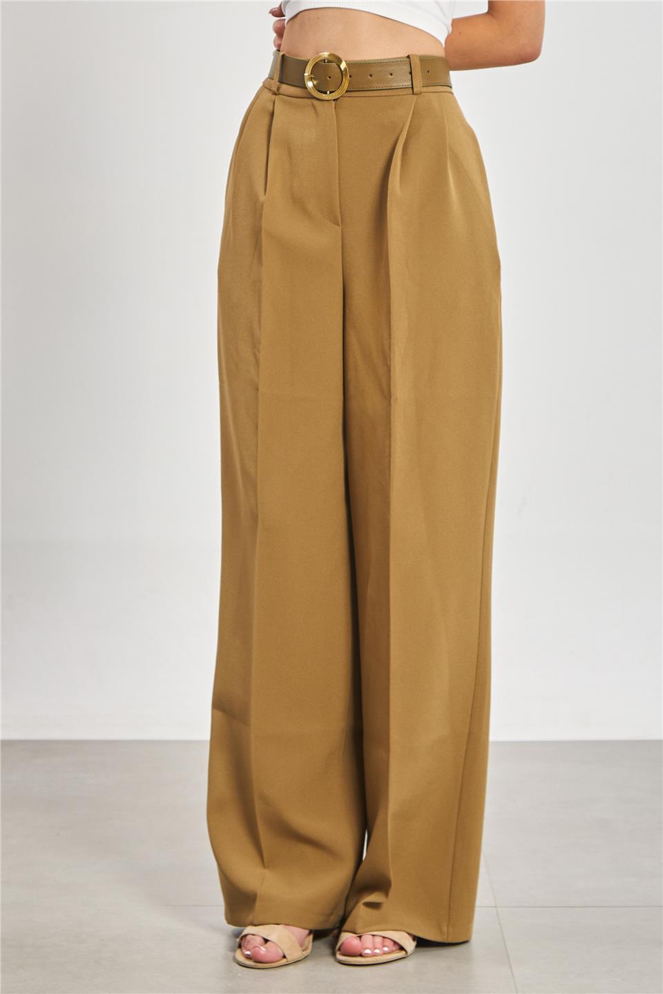 Kemerli Pileli Palazzo Kumaş Kadın Pantolon - Haki