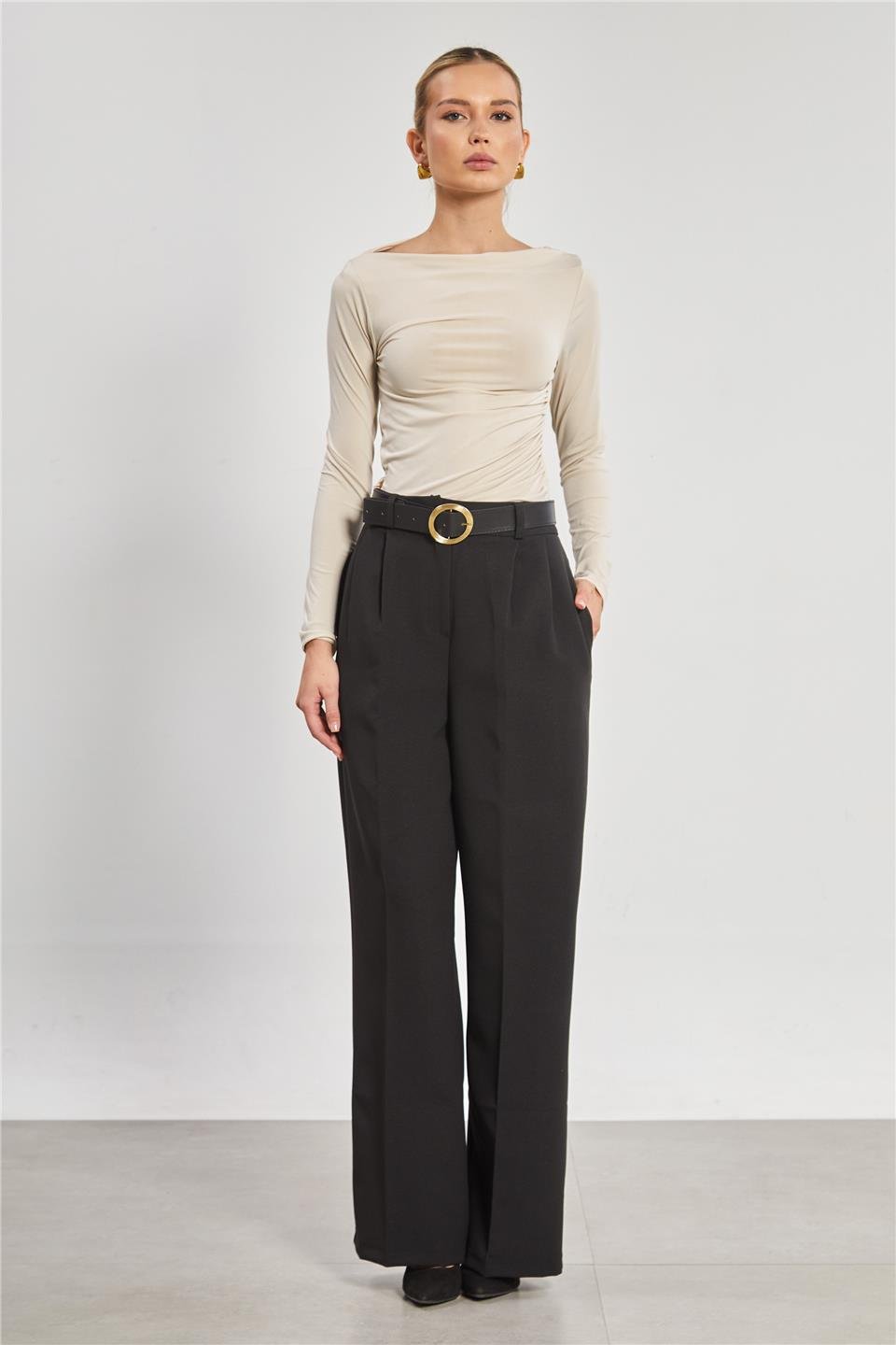 Kemerli Pileli Palazzo Kumaş Kadın Pantolon - Siyah