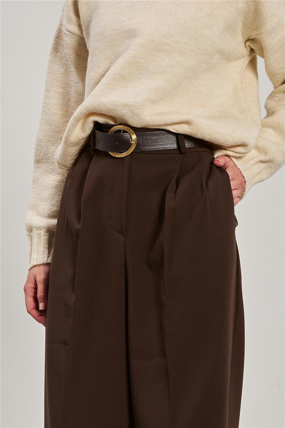 Kadın Kemerli Pileli Palazzo Kumaş Pantolon - Kahve