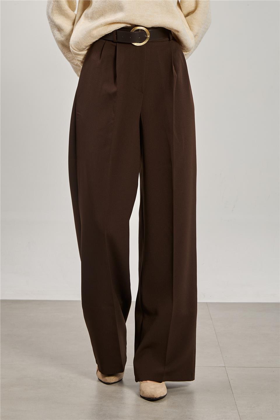 Kadın Kemerli Pileli Palazzo Kumaş Pantolon - Kahve