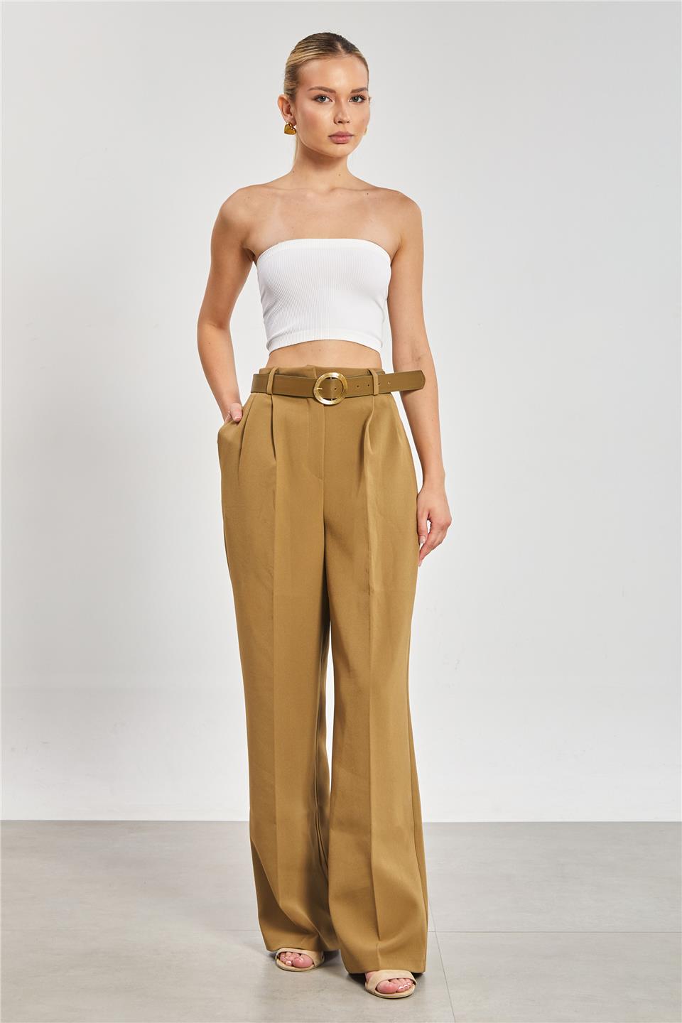 Kemerli Pileli Palazzo Kumaş Kadın Pantolon - Haki
