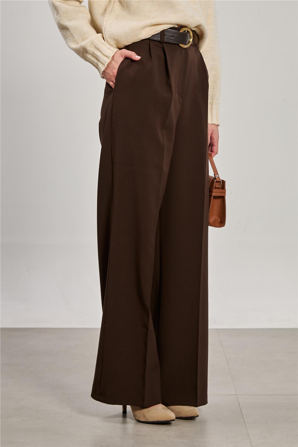 Kadın Kemerli Pileli Palazzo Kumaş Pantolon - Kahve