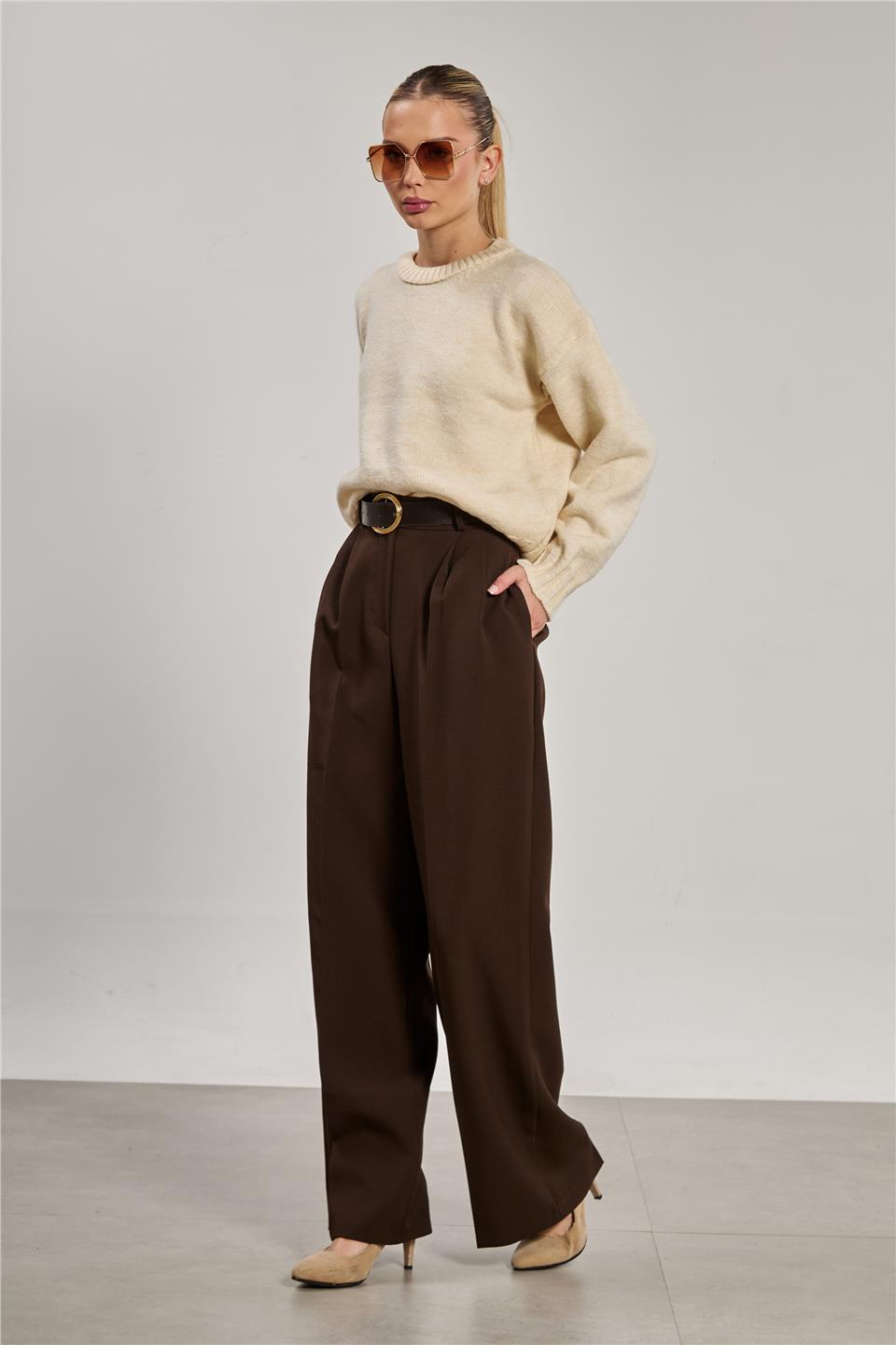 Kadın Kemerli Pileli Palazzo Kumaş Pantolon - Kahve