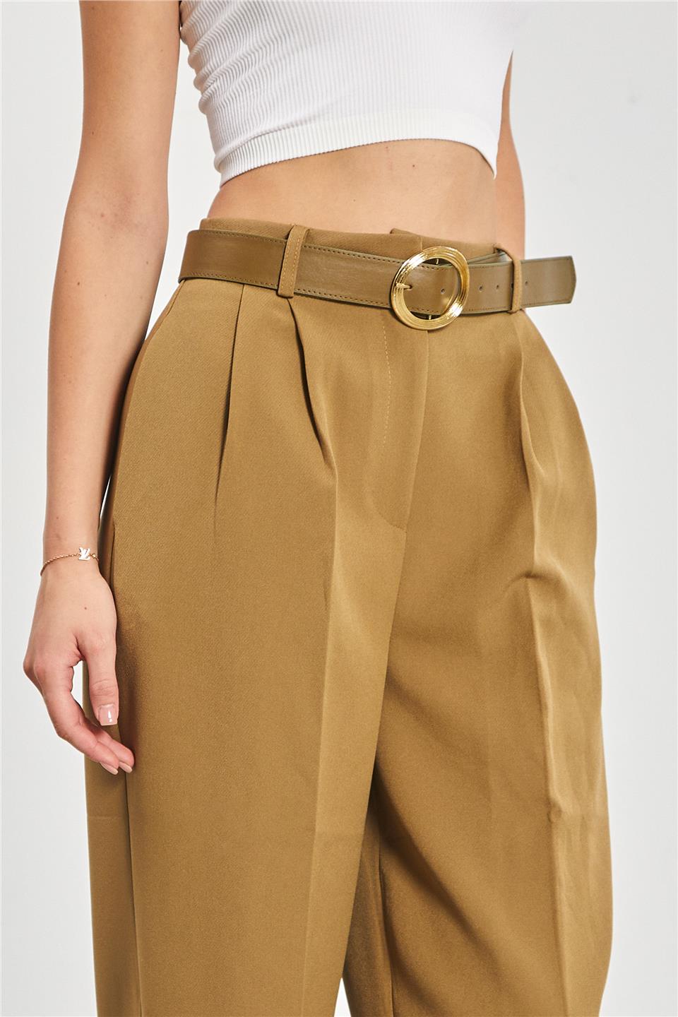 Kemerli Pileli Palazzo Kumaş Kadın Pantolon - Haki