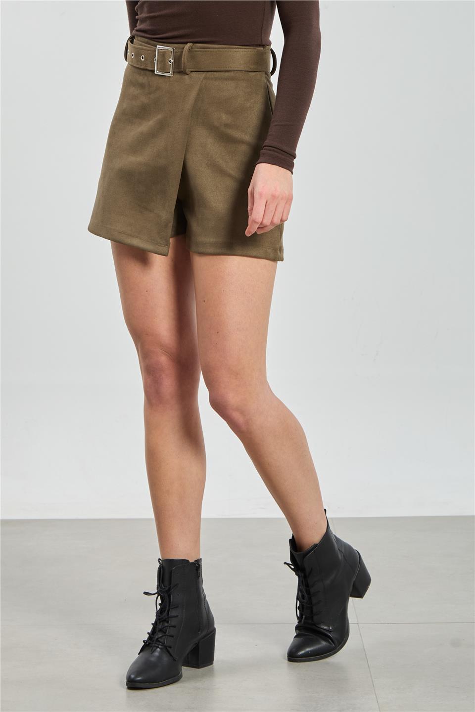 Kadın Kemerli Süet Şort Etek - Haki