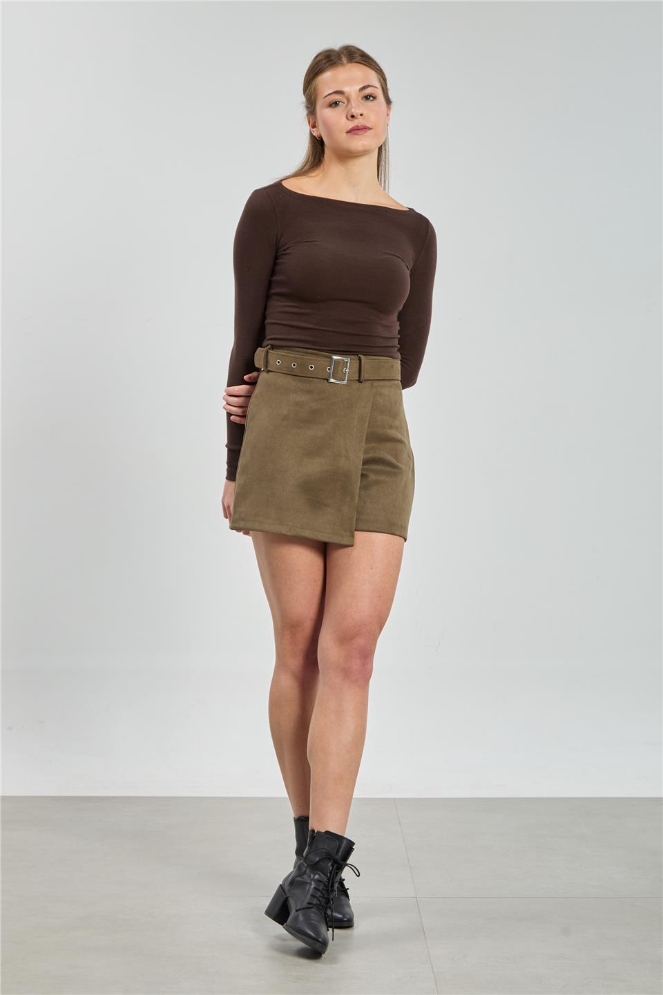 Kadın Kemerli Süet Şort Etek - Haki