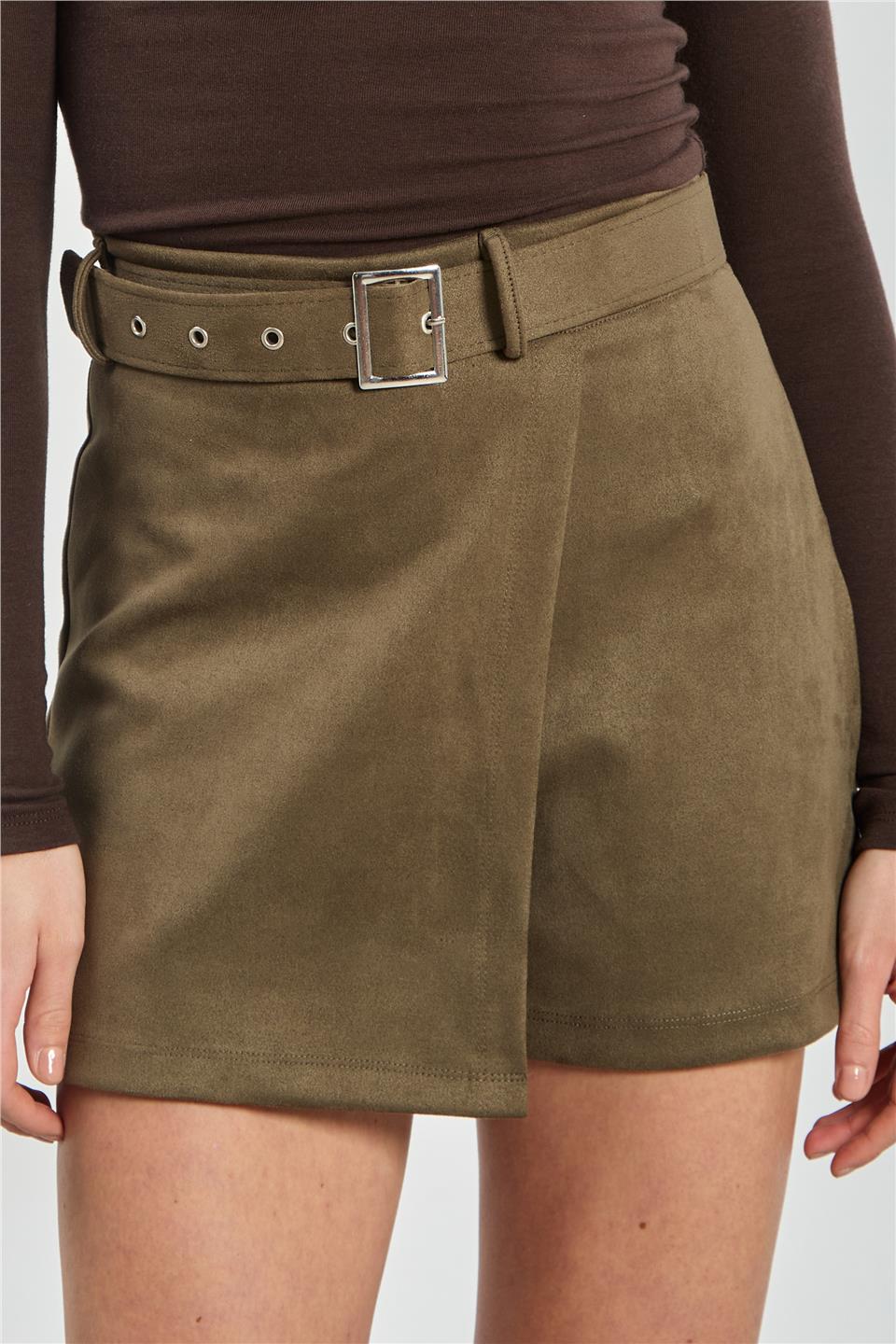 Kadın Kemerli Süet Şort Etek - Haki