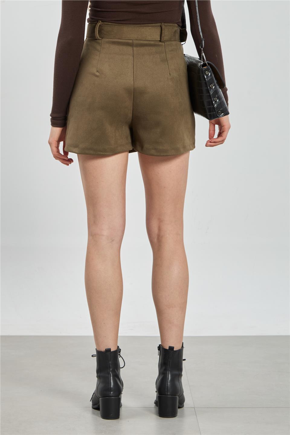 Kadın Kemerli Süet Şort Etek - Haki
