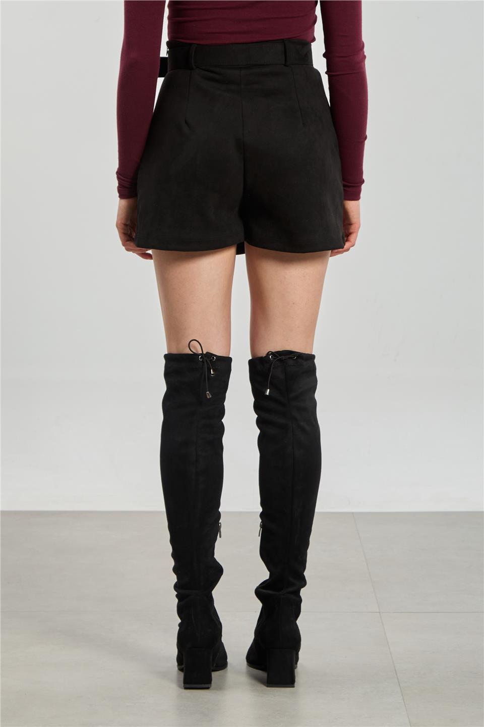 Kadın Kemerli Süet Şort Etek - Siyah
