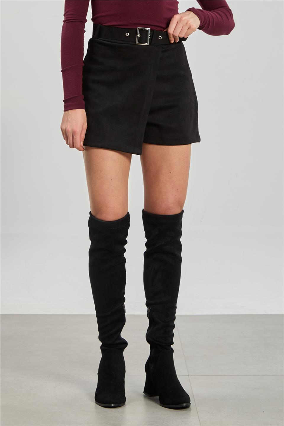 Kadın Kemerli Süet Şort Etek - Siyah