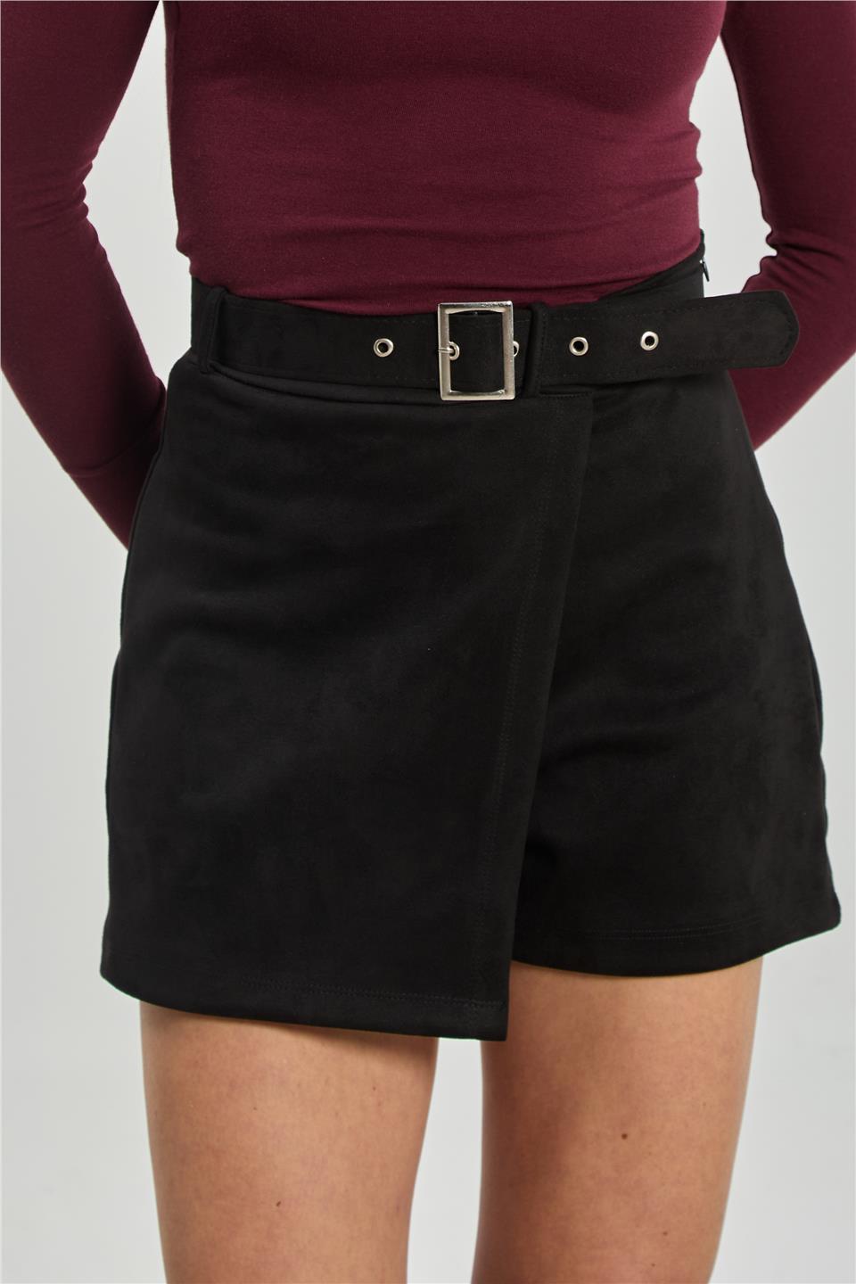 Kadın Kemerli Süet Şort Etek - Siyah