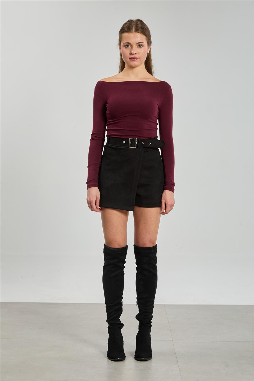 Kadın Kemerli Süet Şort Etek - Siyah